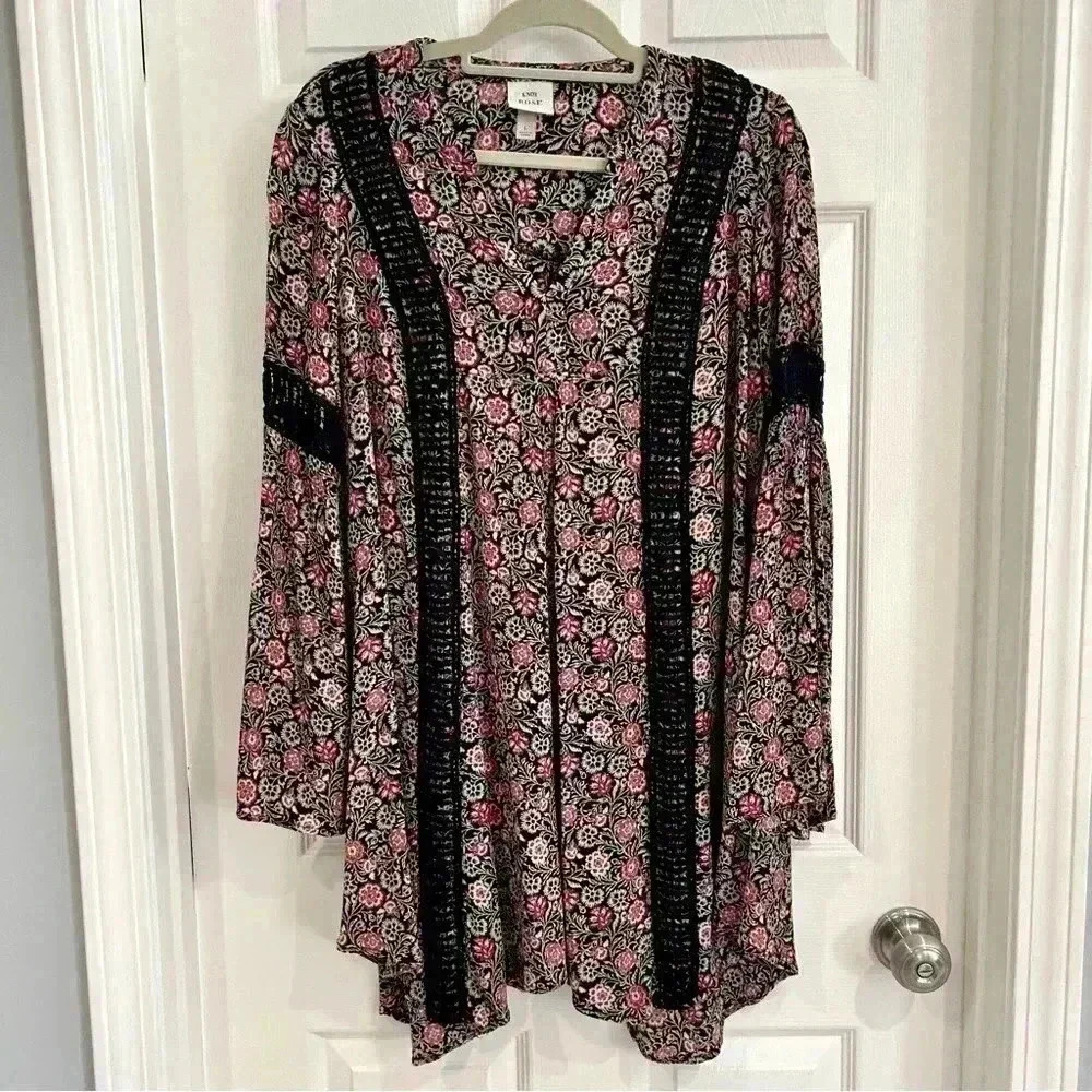 Knox Rose Floral Bell Long Sleeve Mini Dress Tunic Women L Dark Romance Crochet - Picture 3 of 13